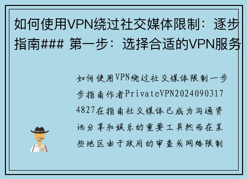 如何使用VPN绕过社交媒体限制：逐步指南### 第一步：选择合适的VPN服务首先，你需要选择一